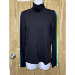Woman’s Black Turtle Neck With Rainbow Striped Sleeves Size L